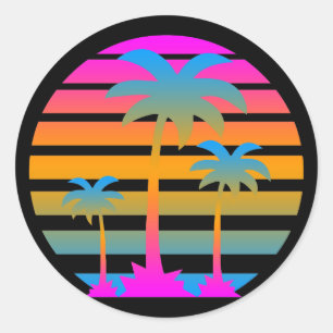 PEGATINA REDONDA COREY TIGER RETRO SUNSET PALM ÁRBOLES
