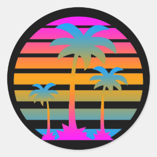 PEGATINA REDONDA COREY TIGER RETRO SUNSET PALM ÁRBOLES