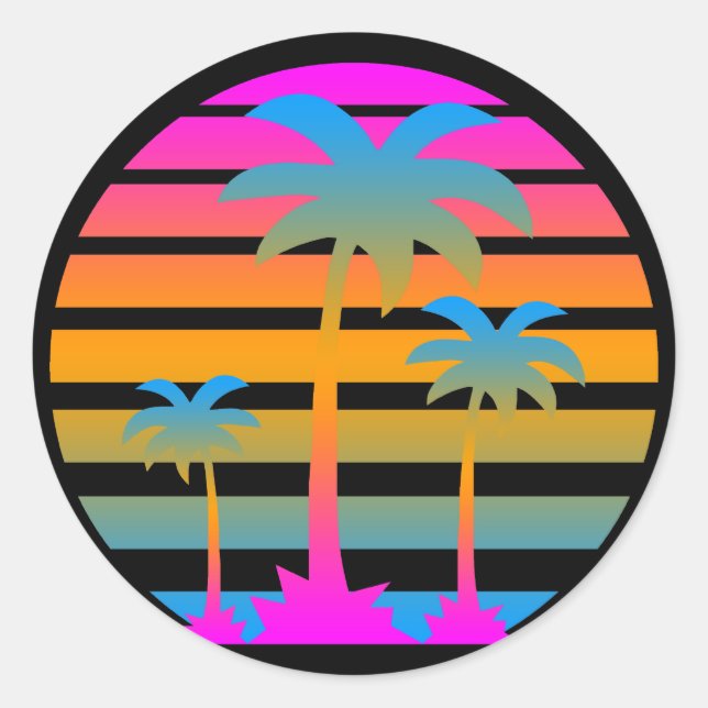 PEGATINA REDONDA COREY TIGER RETRO SUNSET PALM ÁRBOLES (Anverso)