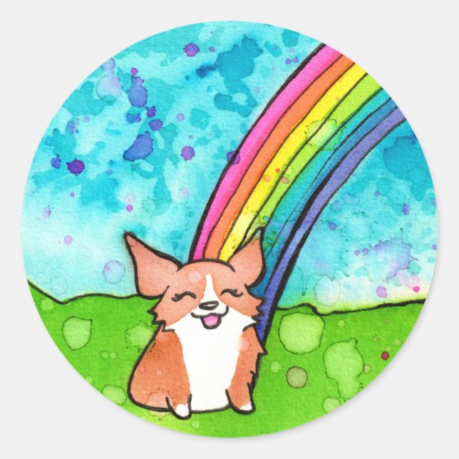 Pegatina Redonda Corgi Al Final Del Arcoiris (Anverso)