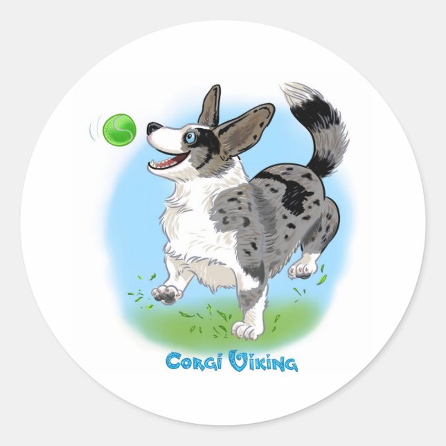 Pegatina Redonda Corgi azul con bolas (Anverso)