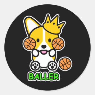 Pegatina Redonda corgi Baller Baloncesto Cute galés perro de corgi