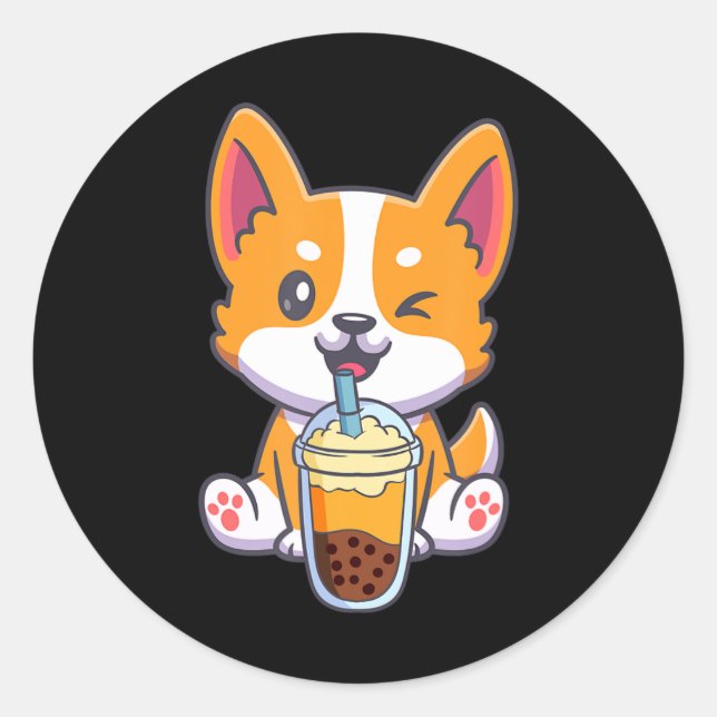 Pegatina Redonda Corgi Bebiendo Boba Burbuja Té Beber Perro Anime K (Anverso)