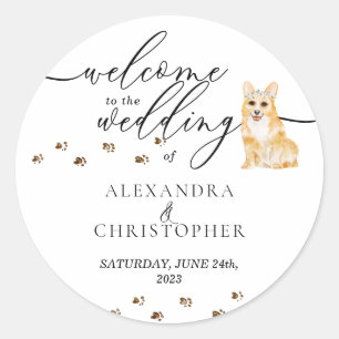Pegatina Redonda Corgi cachorro Perro Boda Bienvenida