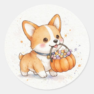 Pegatina Redonda Corgi cachorro truco o trato Halloween