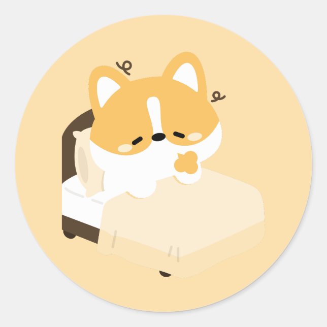 Pegatina Redonda Corgi Cansado Adorable (Anverso)