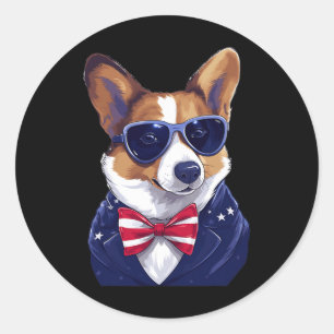 Pegatina Redonda Corgi Con Bandera Patriótica Estadounidense Indepe