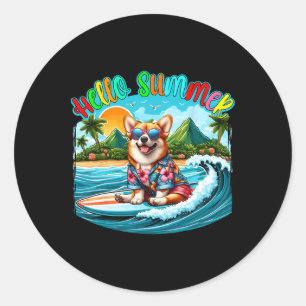 Pegatina Redonda Corgi con traje de verano gafas de sol surfeando e
