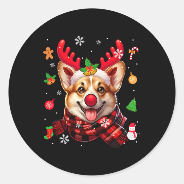 Pegatina Redonda Corgi Cosplay Navidades de renos Vestimenta Propie (Anverso)