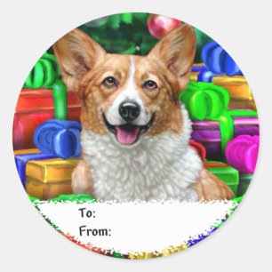 Pegatina Redonda Corgi Cristmas Open Gifts Tags
