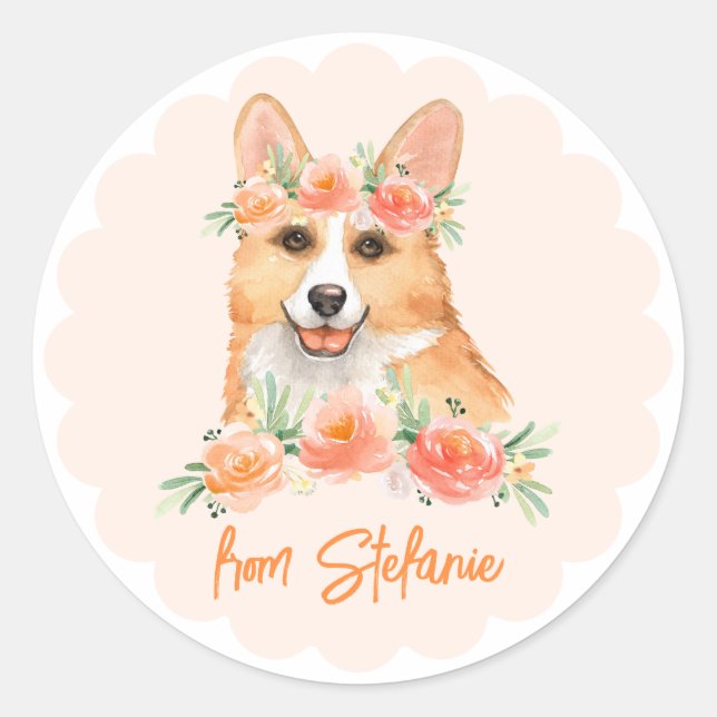 Pegatina Redonda Corgi de acuarela y flores de pato Cumpleaños (Anverso)