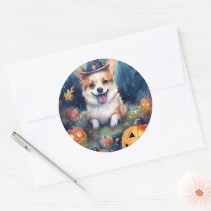 Pegatina Redonda Corgi de Halloween con calabazas aterrador