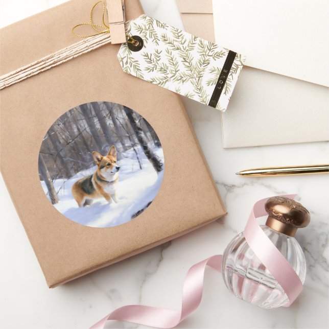 Pegatina Redonda Corgi Deja que nieve Navidad (Regalar)