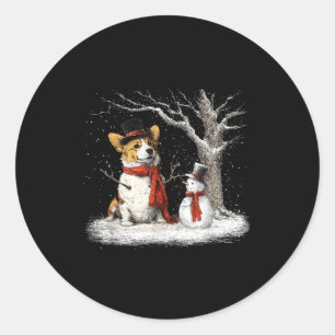 Pegatina Redonda Corgi Divertido Perro En El Árbol De Navidad Invie