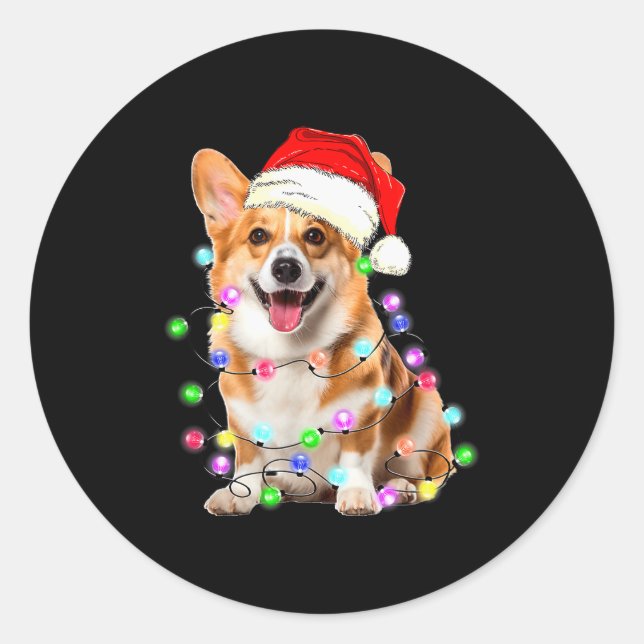 Pegatina Redonda Corgi Dog Christmas Lights Pajama Funny  (Anverso)