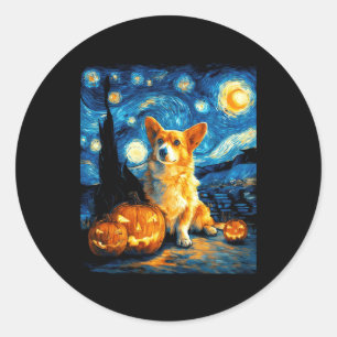 Pegatina Redonda Corgi Dog Lovers Pintura de la noche estrellada de