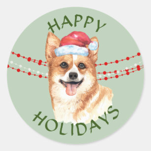 Pegatina Redonda Corgi Dog Santa Hat Felices Fiestas