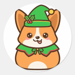 Pegatina Redonda Corgi Elfo Navideño Lindo