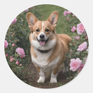 Pegatina Redonda Corgi En Rosas Rosa,