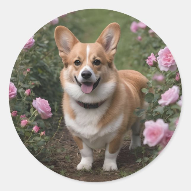 Pegatina Redonda Corgi En Rosas Rosa, (Anverso)
