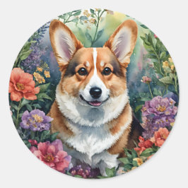 Pegatina Redonda Corgi Floral Watercolor Art