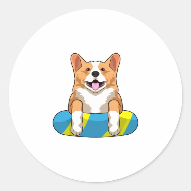 Pegatina Redonda Corgi galés en Natación con Pizarra (Anverso)