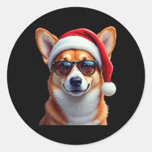 Pegatina Redonda Corgi galés Santa Navidades suéter navidad gracios