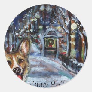 Pegatina Redonda Corgi galés Xmas Wintry escena