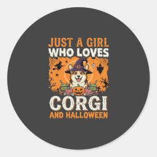 Pegatina Redonda Corgi Halloween Bruja Niña Horror Vintage