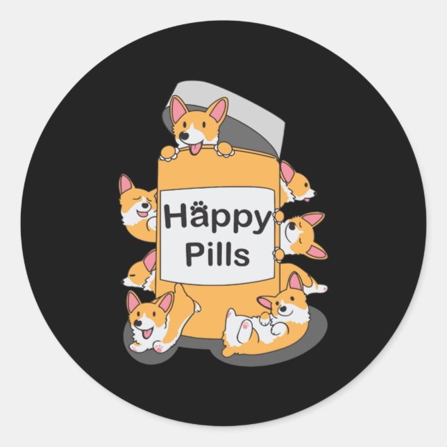 Pegatina Redonda Corgi Happy Pills (Anverso)