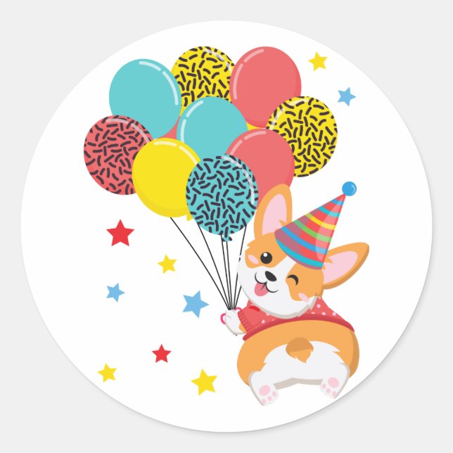 Pegatina Redonda Corgi lindo con globos Estrellas Gorras Cumpleaños (Anverso)