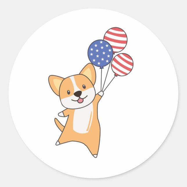 Pegatina Redonda Corgi Mosca Con Globos 4 De Julio Estadounidense (Anverso)