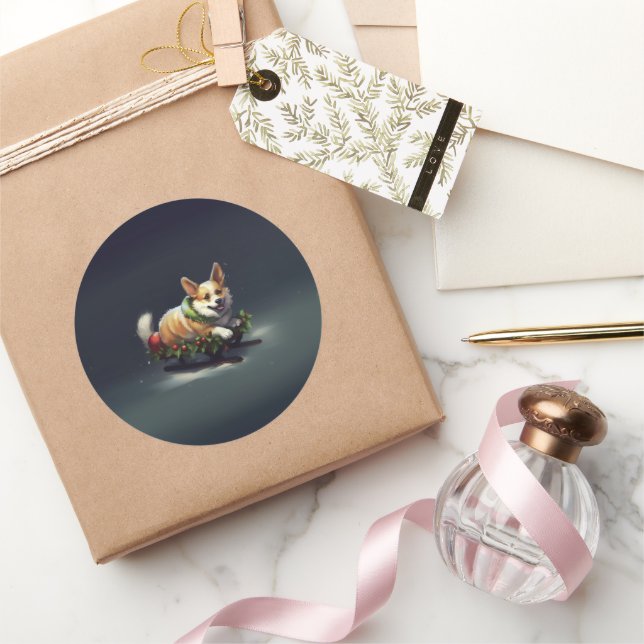 Pegatina Redonda Corgi Navidad nieve invierno (Regalar)