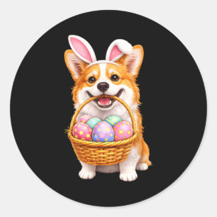 Pegatina Redonda Corgi perro conejito Pascua huevos de Pascua cesta
