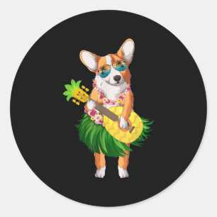 Pegatina Redonda Corgi Perro hawaiano & Piña Ukulele verano