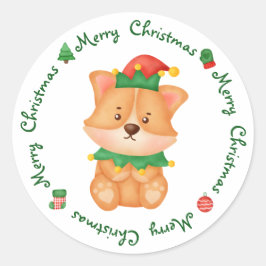 Pegatina Redonda Corgi Puppy Dog Cute Elf Festividad Feliz Navidad