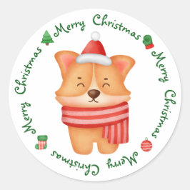 Pegatina Redonda Corgi Puppy Dog Cute Festividad Santa Feliz Navida
