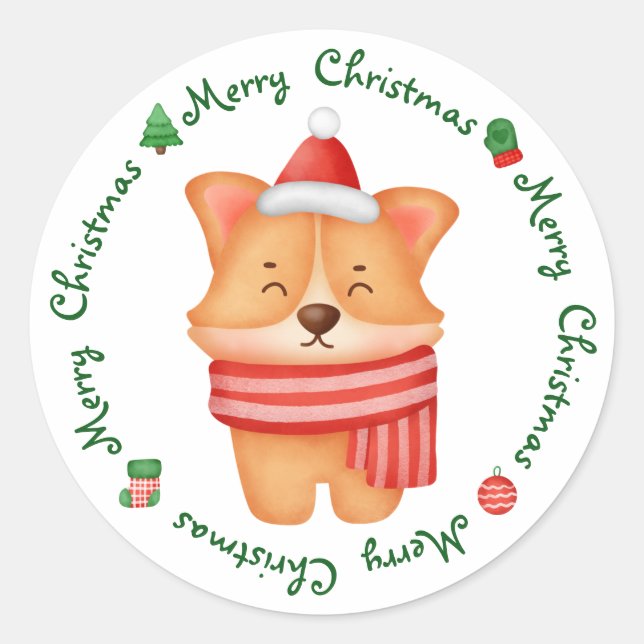 Pegatina Redonda Corgi Puppy Dog Cute Festividad Santa Feliz Navida (Anverso)