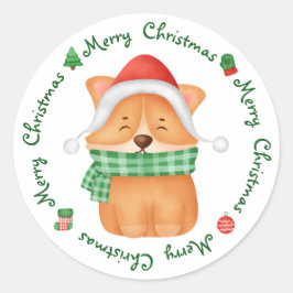 Pegatina Redonda Corgi Puppy Santa Dog Cute Festividad Feliz Navida