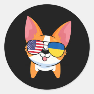 Pegatina Redonda Corgi Singles Usa Bandera Americana De Ucrania Kaw