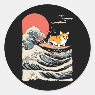 Pegatina Redonda Corgi Surfing Ola Japonesa _3