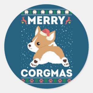 Pegatina Redonda Corgi Ugly Navidades Sweater Style Merry Corgmas