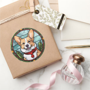 Pegatina Redonda Corgi Vidriera de Navidad