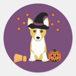Pegatina Redonda Corgi Witch Halloween