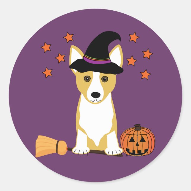 Pegatina Redonda Corgi Witch Halloween (Anverso)