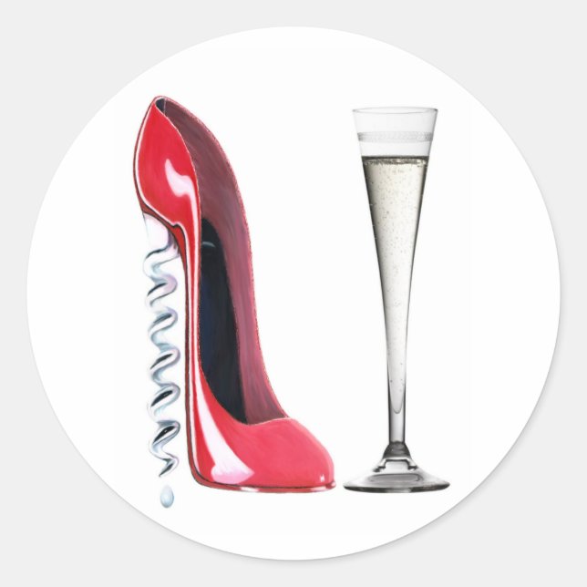 Pegatina Redonda Corkbolt Heel Red Stiletto Shoe Champagne Flute (Anverso)