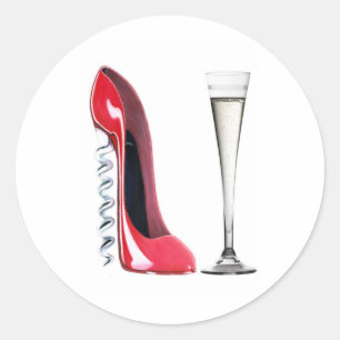 Pegatina Redonda Corkbolt Stiletto Shoe and Champagne Flute Glass
