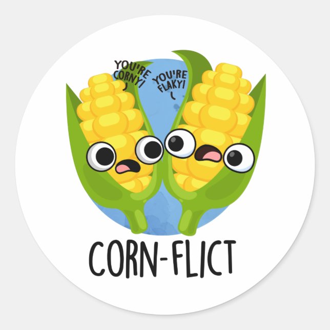 Pegatina Redonda Corn-flict Funny Corn Pun (Anverso)