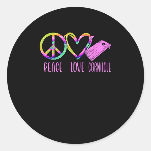 Pegatina Redonda Cornhole Bean Bag Player Champ Tie Dye Peace Love (Anverso)