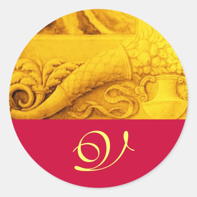 Pegatina Redonda CORNUCOPIA MONOGRAM, fucsia amarillo dorado brilla (Anverso)